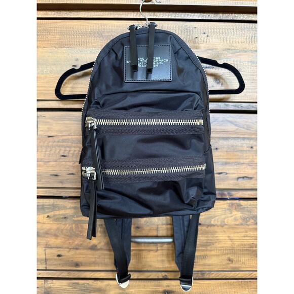 Marc Jacobs Biker Backpack Black Nylon Medium Double Zip Minimalist Bag Purse